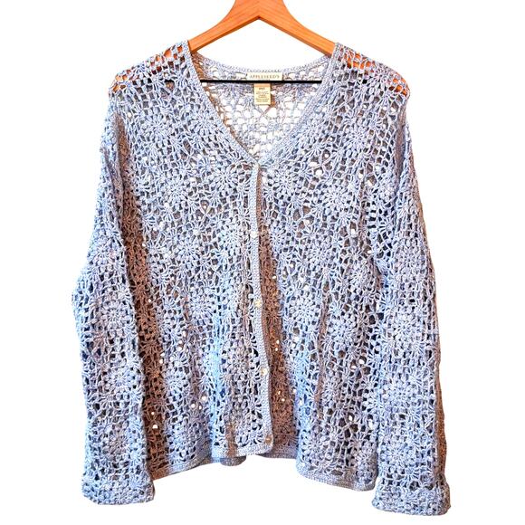 Crochet Lace Cardigan Size Petite XL Cotton Summer Coastal Grandma Beach Cottage - Picture 1 of 10